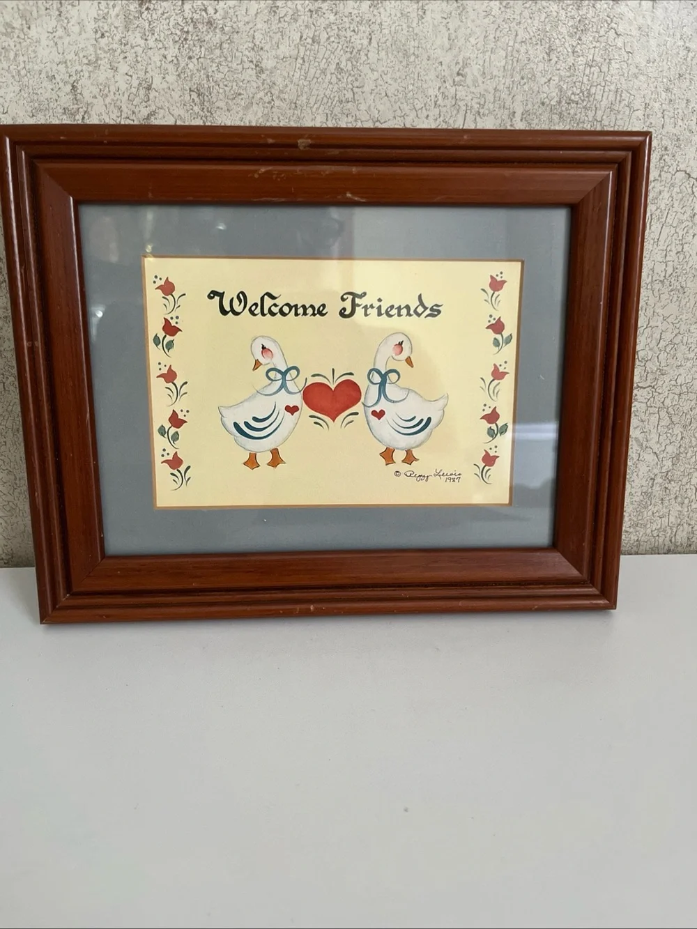 Wooden Framed Folk Art Blue Geese Welcome Friends Pennsylvania Dutch Americana